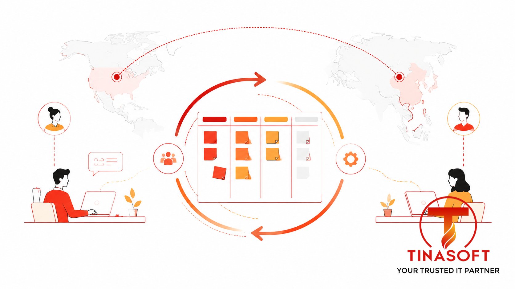 Agile software outsourcing illustration with a sprint board and a distributed delivery team