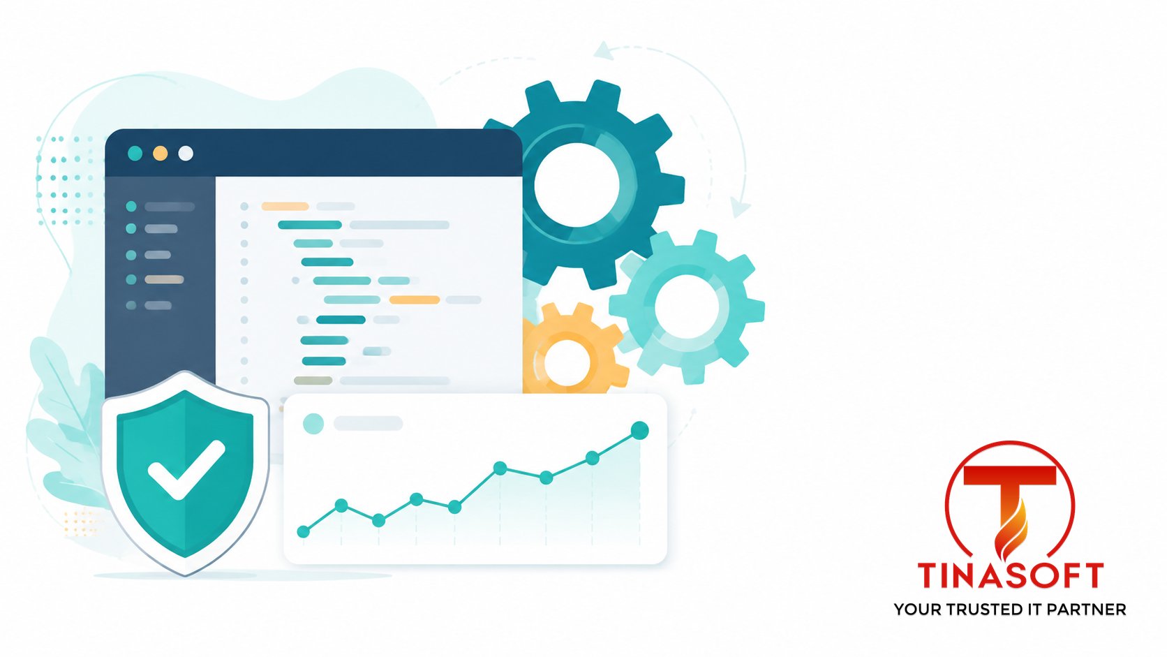 Software maintenance outsourcing concept: code window, gears, security shield and uptime chart